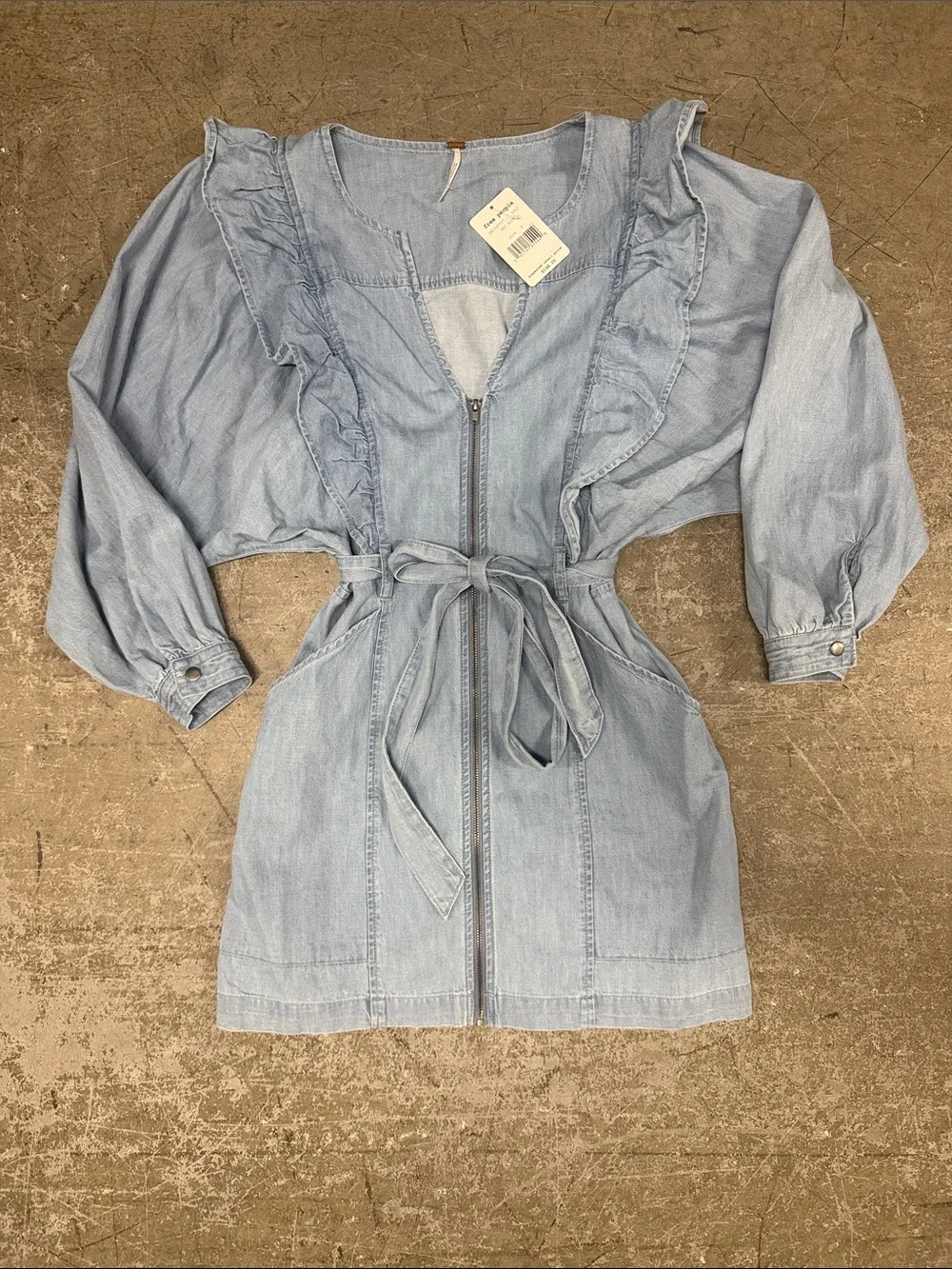 Free People Light Blue Denim Ruffle Mini Dress with Tie Waist